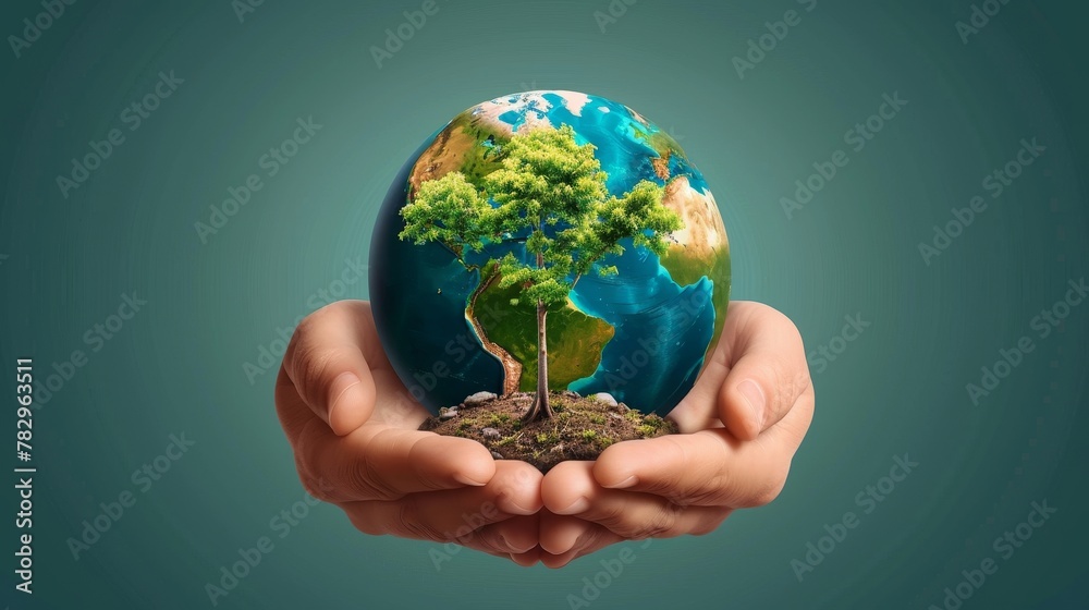 Environmental Conservation: A 3D vector illustration of a globe with hands holding a tree sapling Environmental Conservation: A 3D vector illustration of a globe with hands holding a tree sapling