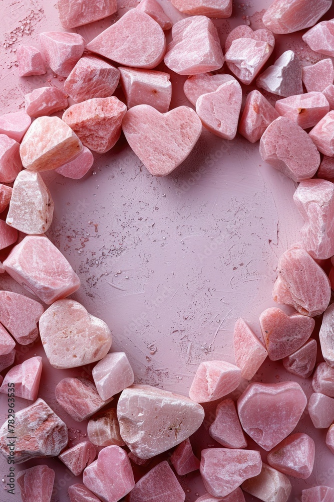 Heart made of pink rocks on pink surface, suitable for love themes - obrazy, fototapety, plakaty 