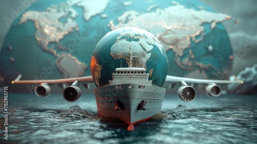 Global Business: A 3D vector illustration of a cargo ship and airplanes transporting goods around the world photo