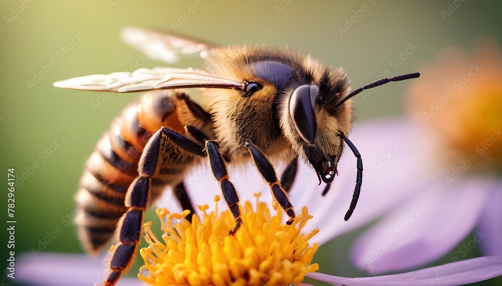 Eine Wespe im Close-up landet auf einer Blume. Detailreiche Nahaufnahme zeigt die Schönheit und Anmut der Natur. - obrazy, fototapety, plakaty 