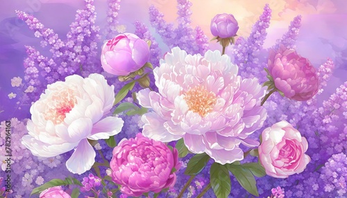 delicate interplay of peonies and lavender  arrayed in a tranquil floral composition.