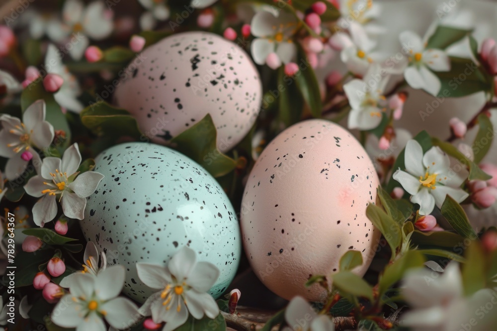 Close up of three eggs in a nest with delicate flowers, suitable for spring themes Close up of three eggs in a nest with delicate flowers, suitable for spring themes