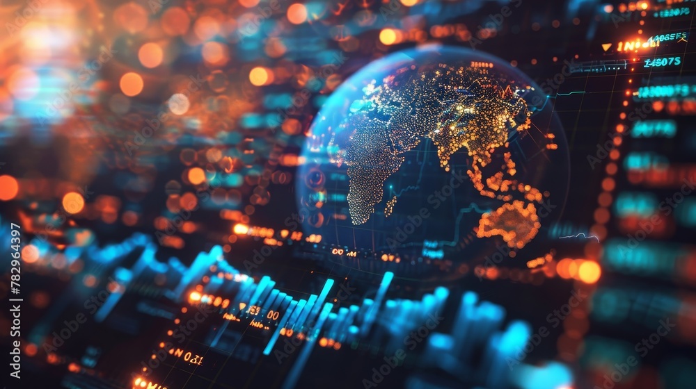 Global Economy: A 3D vector illustration of a globe with digital screens displaying real-time stock market data Global Economy: A 3D vector illustration of a globe with digital screens displaying real-time stock market data