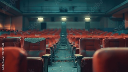 An empty auditorium with rows of red seats. Suitable for educational and event concepts