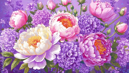 delicate interplay of peonies and lavender, arrayed in a tranquil floral composition photo