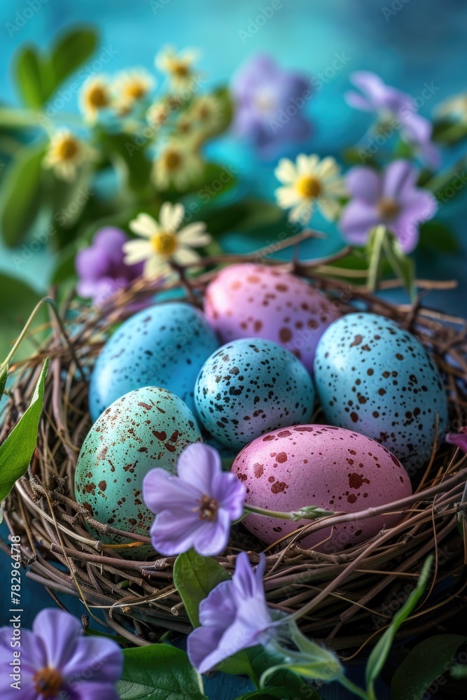 A bird nest filled with speckled eggs surrounded by purple flowers. Ideal for nature and spring-themed designs