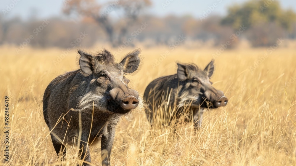 Fototapeta premium Warthogs Foraging in Rugged Savannah Landscape