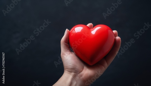 A hand is shown against a dark background  holding a glossy red heart  symbolizing love and care