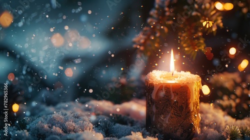 A lit candle sitting on top of snow covered ground. Perfect for winter and holiday-themed designs © Fotograf