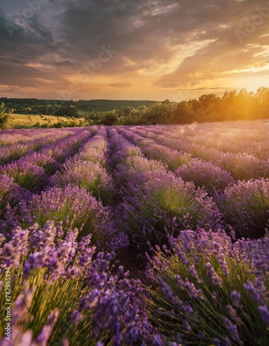 breathtaking beauty of lavender fields bathed in the warm glow of a setting sun