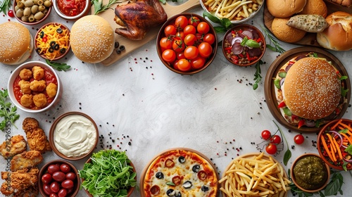 Assortment of take out or delivery foods. Pizza, hamburgers, fried chicken and sides. Double side border. Top view on a white wood banner background.copy space