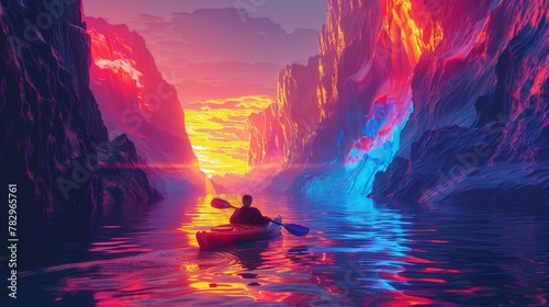 Glowing Neon Kayaking: A 3D vector illustration of a kayaker