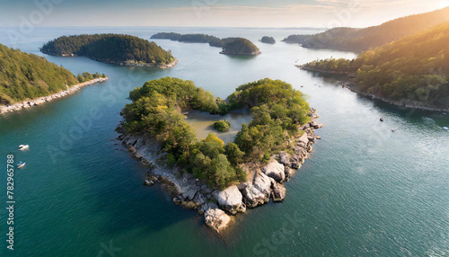 Aerial view of heart-shaped island in the middle of water with rocks and trees. Beautiful nature. © hardvicore