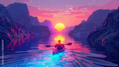 Glowing Neon Kayaking: A 3D vector illustration of a person kayaking on a glowing neon river