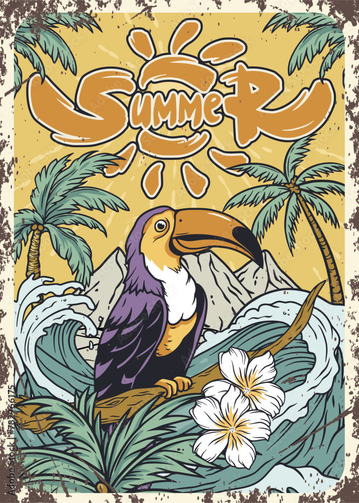 Naklejka premium Exotic toucan or tropical bird with big beak and colorful feathers and palm tree and wave for summer beach tee design for t shirt print. Paradise jungle