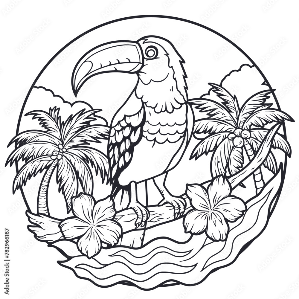 Naklejka premium Exotic toucan or tropical bird with big beak and colorful feathers, palm tree and wave for summer beach tee design for t shirt print. Paradise jungle. Monochrome outline style or black and white lines