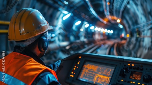 Soft focus and blurred lighting background of focus at engineer or technician control. Underground tunnel infrastructure. photo