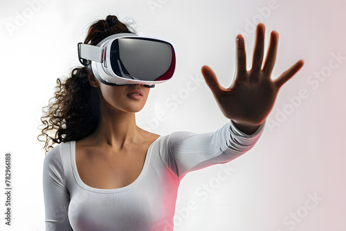 Young woman using virtual reality headset Isolated on light background studio portrait. Cyberspace concept © Oksana