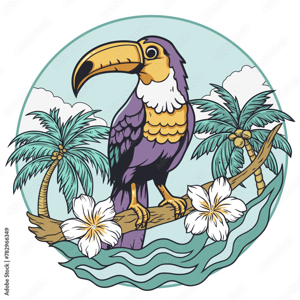 Fototapeta premium Exotic toucan or tropical bird with big beak and colorful feathers, palm tree and wave for summer beach tee design for t shirt print. Paradise jungle