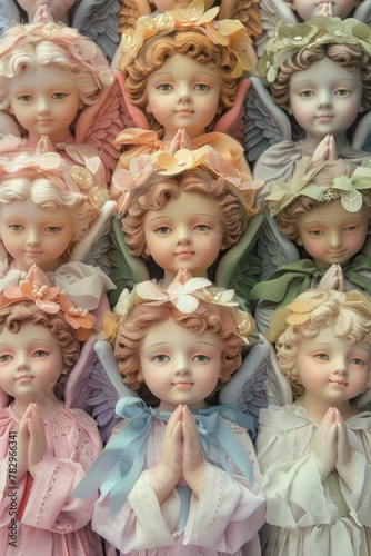 A bunch of dolls sitting on a table. Perfect for toy or vintage themed designs