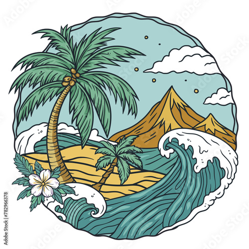 Tropical beach wave with palm trees, mountains and sunset for t shirt print. Stylized vector of a tranquil seaside landscape for summer travel and vacation