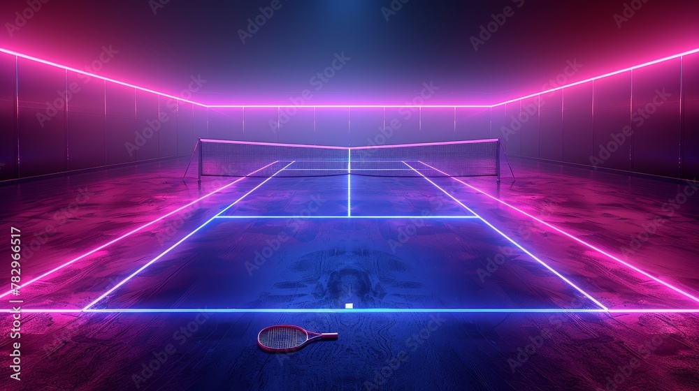 Glowing neon tennis field: A 3D vector illustration of a tennis court with neon lights - obrazy, fototapety, plakaty 