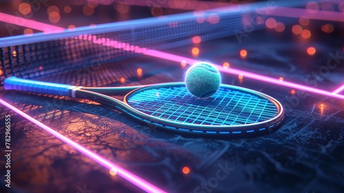 Glowing neon tennis field: A 3D vector illustration of a tennis court with a glowing neon tennis ball and racket photo