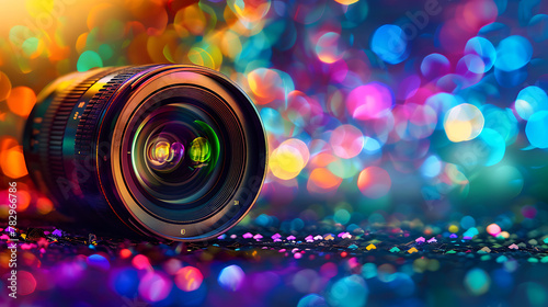 A camera lens is lying on a table with a colorful blur of lights behind it
