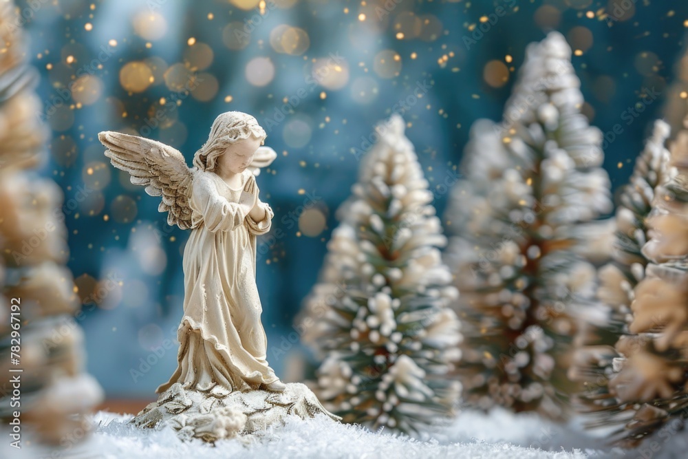 A serene angel statue standing in a snowy forest. Ideal for winter-themed designs A serene angel statue standing in a snowy forest. Ideal for winter-themed designs