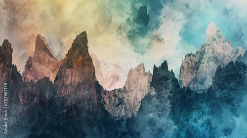 Majestic Mountain Peaks with Vibrant Watercolor Textures © Oksana Smyshliaeva
