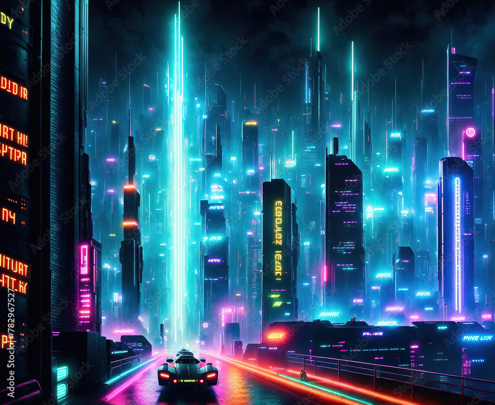 A futuristic cityscape with neon lights and towering skyscrapers in the background.
