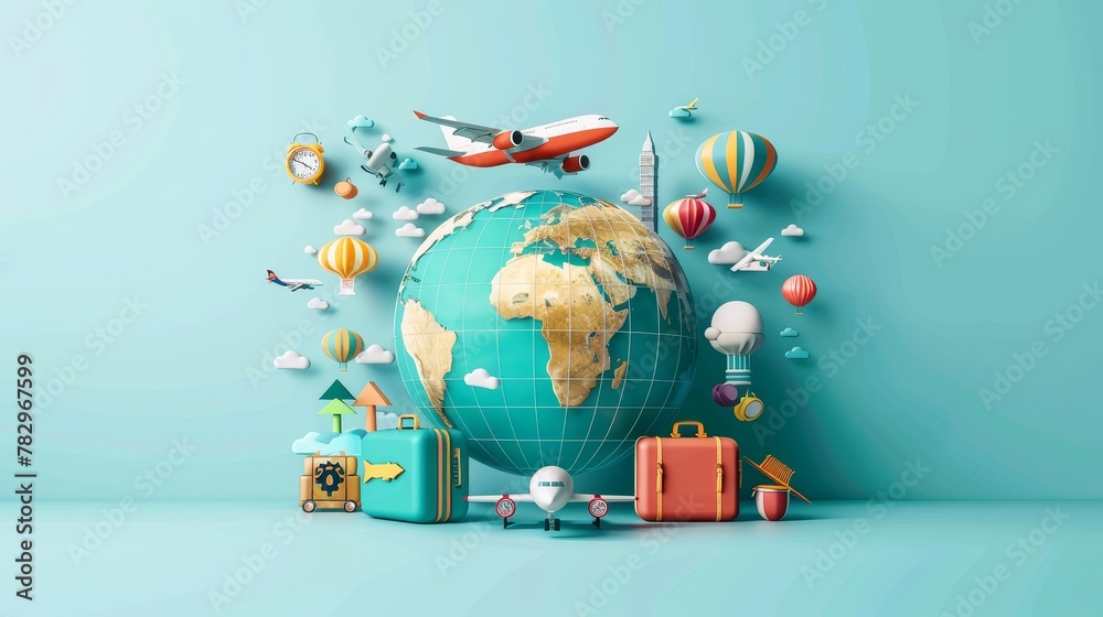 Travel and Tourism: A 3D vector illustration of a globe with travel-related icons like airplanes - obrazy, fototapety, plakaty 