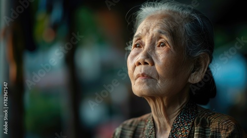 A serene image of an old woman looking up at the sky. Suitable for various concepts and designs