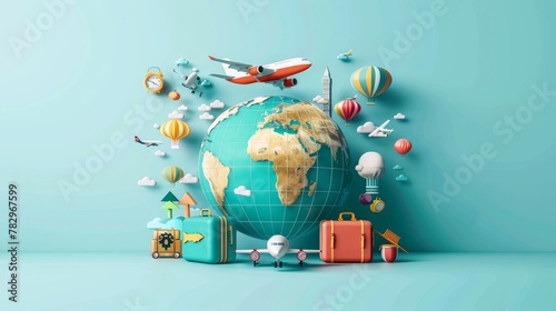 Travel and Tourism: A 3D vector illustration of a globe with travel-related icons like airplanes photo