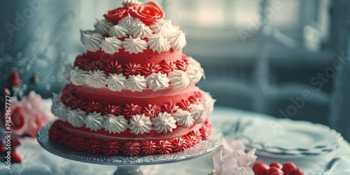 Elegant red and white wedding cake on a table, perfect for wedding-related designs photo