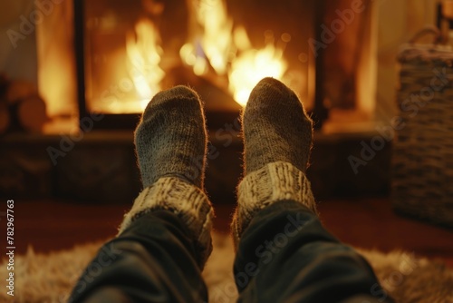Cozy scene of feet in socks by fireplace, perfect for winter themes