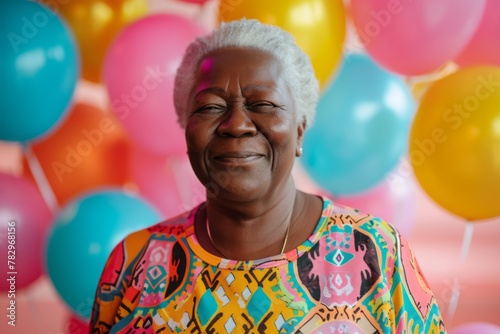 Joyful Senior Woman Celebrating with Colorful Balloons