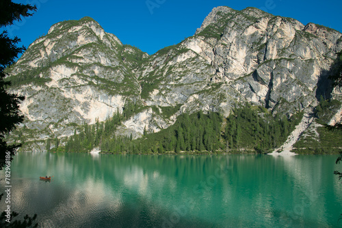 Amazing view of the famous Braies lake in Alto Adige during summer season, Italy