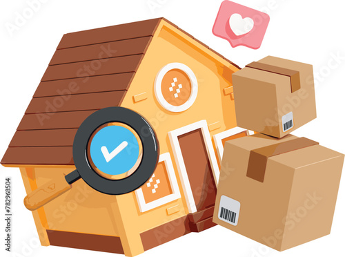 3D Stock Vector of Moving and Relocation Concept, House and Cardboard Boxes, Searching for Home to Rent or Buy, Parcel Tracking to Door in Cartoon Creative Design Icon Isolated on Transparent Backgrou