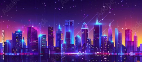 Lights of a vibrant urban skyline shine under a starry sky filled with stars and neon lights
