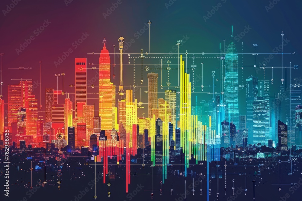 A bar chart with different colors representing various business sectors, such as finance, technology, and manufacturing A bar chart with different colors representing various business sectors, such as finance, technology, and manufacturing