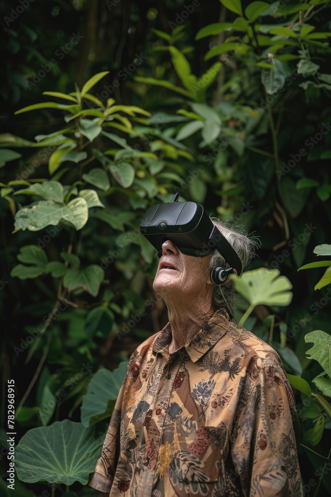 A man wearing a virtual reality headset in a forest. Suitable for technology and nature concepts