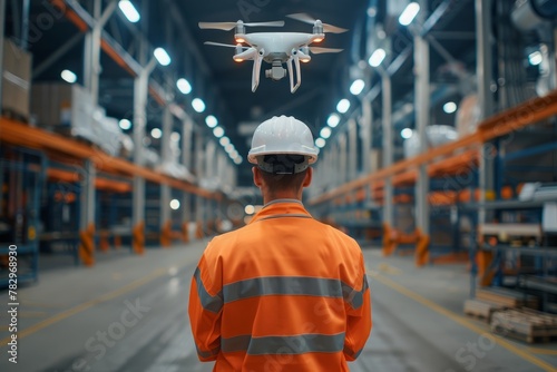 A factory worker using a drone to inspect a warehouse roof, showcasing the use of drones for facility maintenance photo