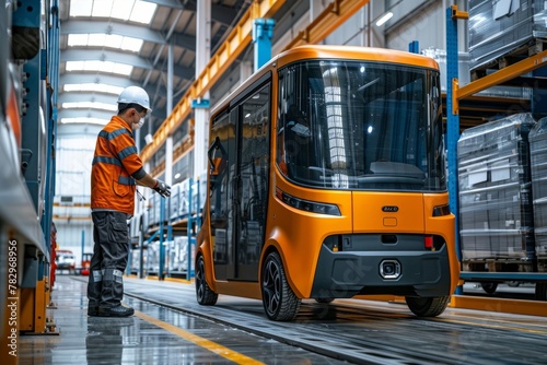 A factory worker using a self-driving vehicle to transport products between different manufacturing sites, demonstrating the use of autonomous vehicles for logistics