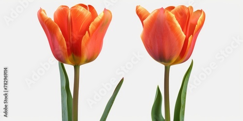 Vibrant orange tulips with green leaves on a clean white background. Perfect for springtime and floral themes
