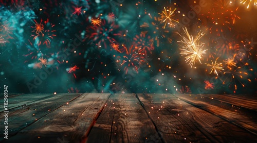 A wooden floor with fireworks in the background, perfect for festive occasions photo