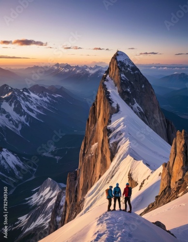 Three climbers stand in awe atop a snowy ridge, with a striking mountain peak nearby under a radiant sunset.