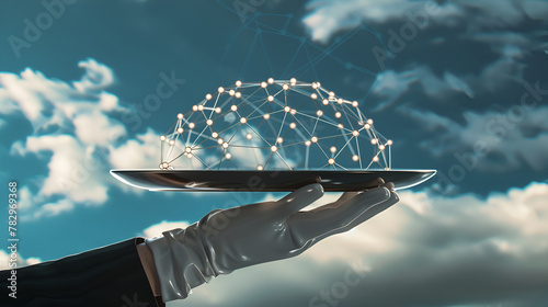 Waitresss hand in white glove presenting black social media network structure on metal tray and pointing on it with cloudy skyscape on background. 3D rendering, social media network structure 
 photo