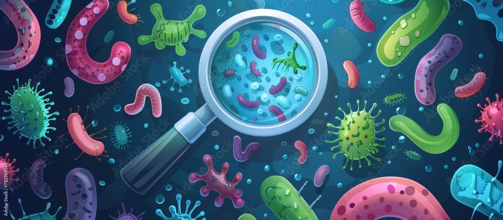 Magnified view through a magnifying glass showing a cluster of bacteria ...