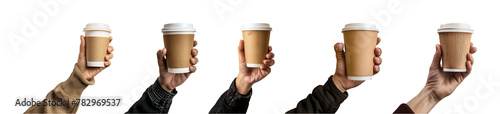 Collection of hand-holding takeaway coffee cups isolated on a transparent background, PNG